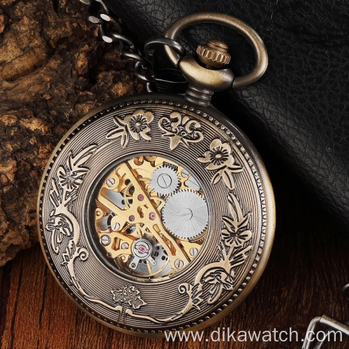 Vintage Wood Circle Carved Number Dial Mechanical Pocket Watch Men Unique Hollow Steampunk Bronze Mechanical Clock Watch chain